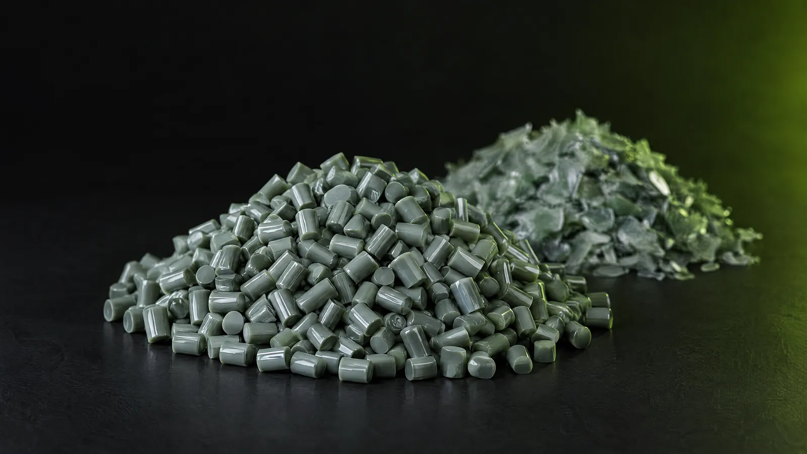 Recycled plastic pellets coming out of an extruder